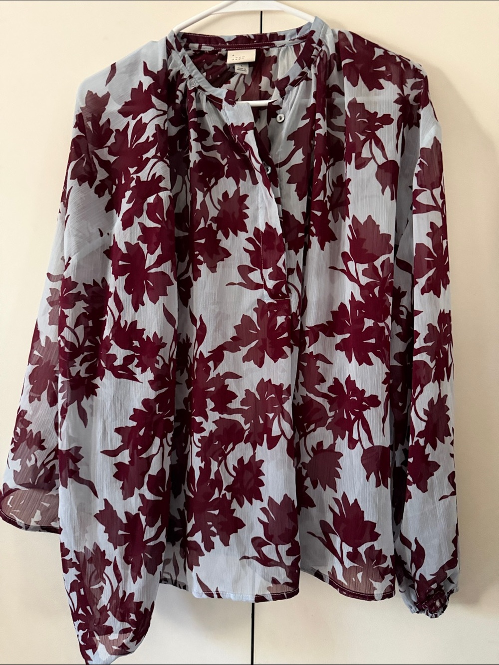 Light Blue Sheer Blouse with Burgundy Floral Print